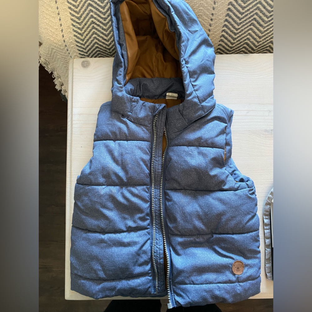 Blue and camel hooded puffer vest size 2-3 years.
